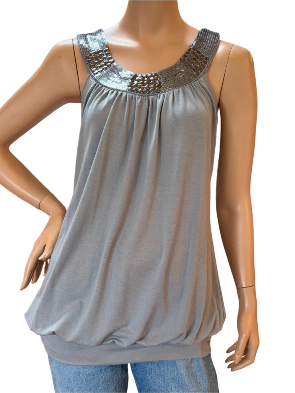 Rachel & Chloe Grey Sequin Embellished Blouson Tank Top Size Medium